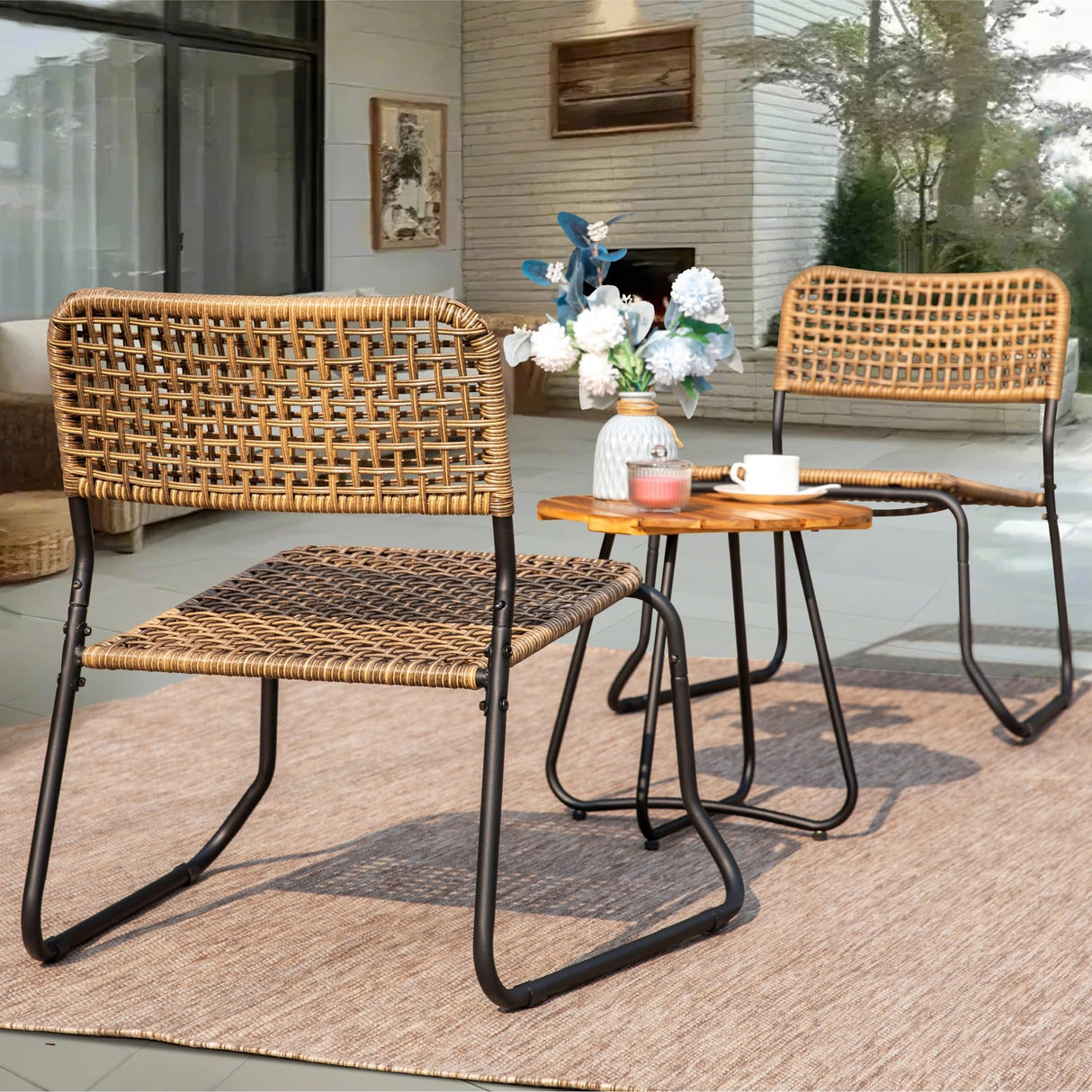 3-Piece Outdoor Wicker Bistro Set with Stackable Rattan Chairs & Acacia Wood Table