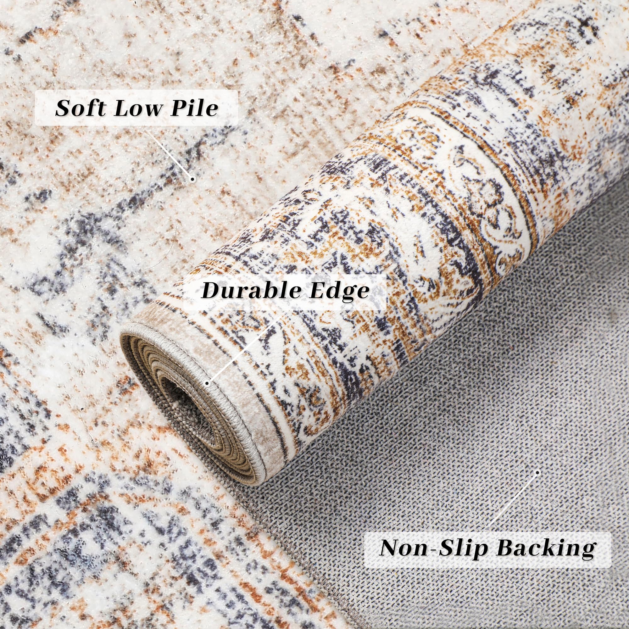 PureCozy Brown Area Rug 5x7 Living Room Rug Washable Indoor Accent Rug Vintage Low Pile Carpet Retro Distressed Throw Rug Bedroom Office Dining Room Kitchen Laundry Room