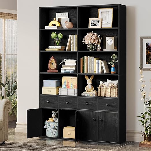78.7" Bookcase with 4 Drawers and 4 Doors, 6 Tier Large Bookshelf with Storage