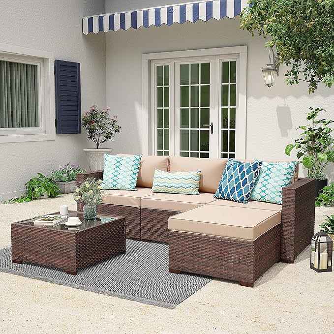 Outdoor Patio Furniture Set, 5 Piece PE Wicker Rattan Outdoor Sectional
