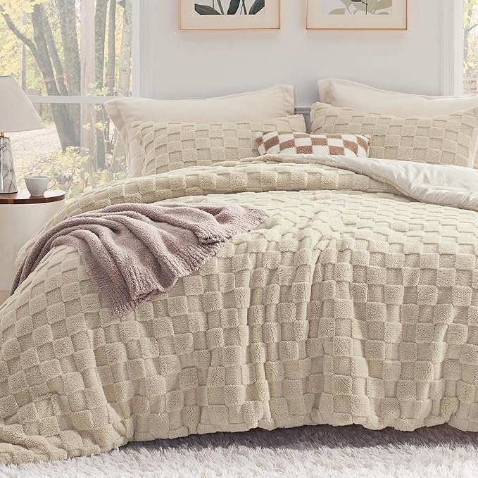 Fluffy Queen Comforter Set, Grey Sherpa Fleece Bedding Comforter Set, Luxury Jacquard Farmhouse