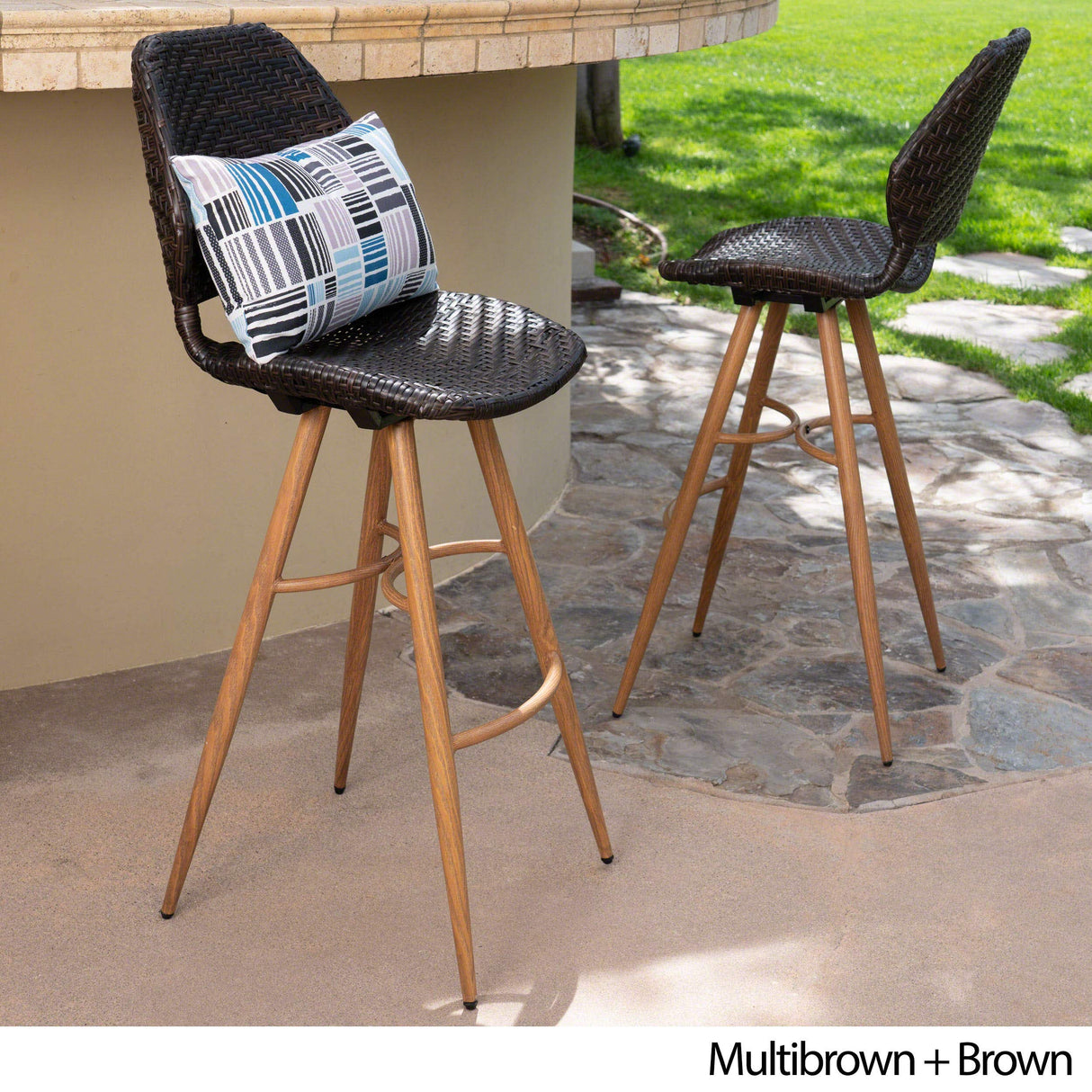 Laryn Outdoor Wicker Barstools with Wood Finish Metal Legs