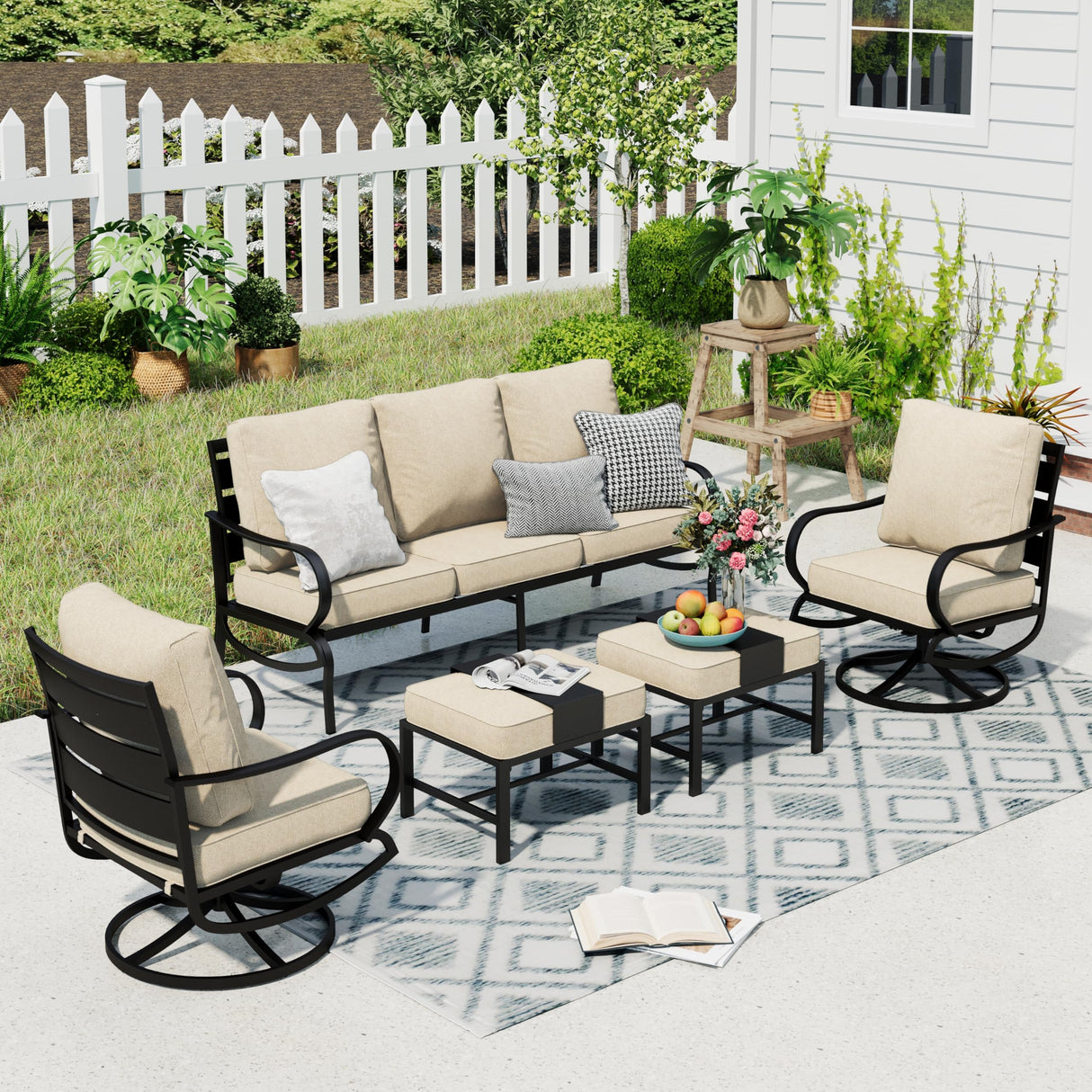 Patio Furniture Sets 5 Pcs Outdoor Metal Conversation Sets 5 Seats with 1 x 3-Seat Sofa