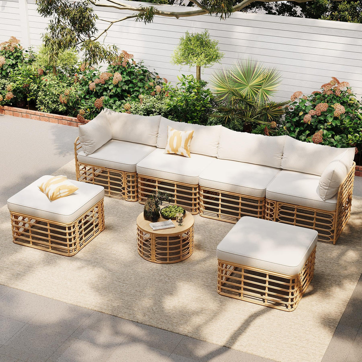 7-Piece Wicker Patio Furniture Set, Outdoor Sectional Sofa PE Rattan Wicker Patio Freely
