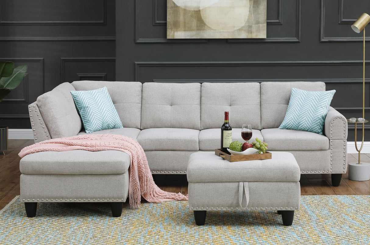 Shaped Sectional Couch with Storage Ottoman and 2 Cup Holders