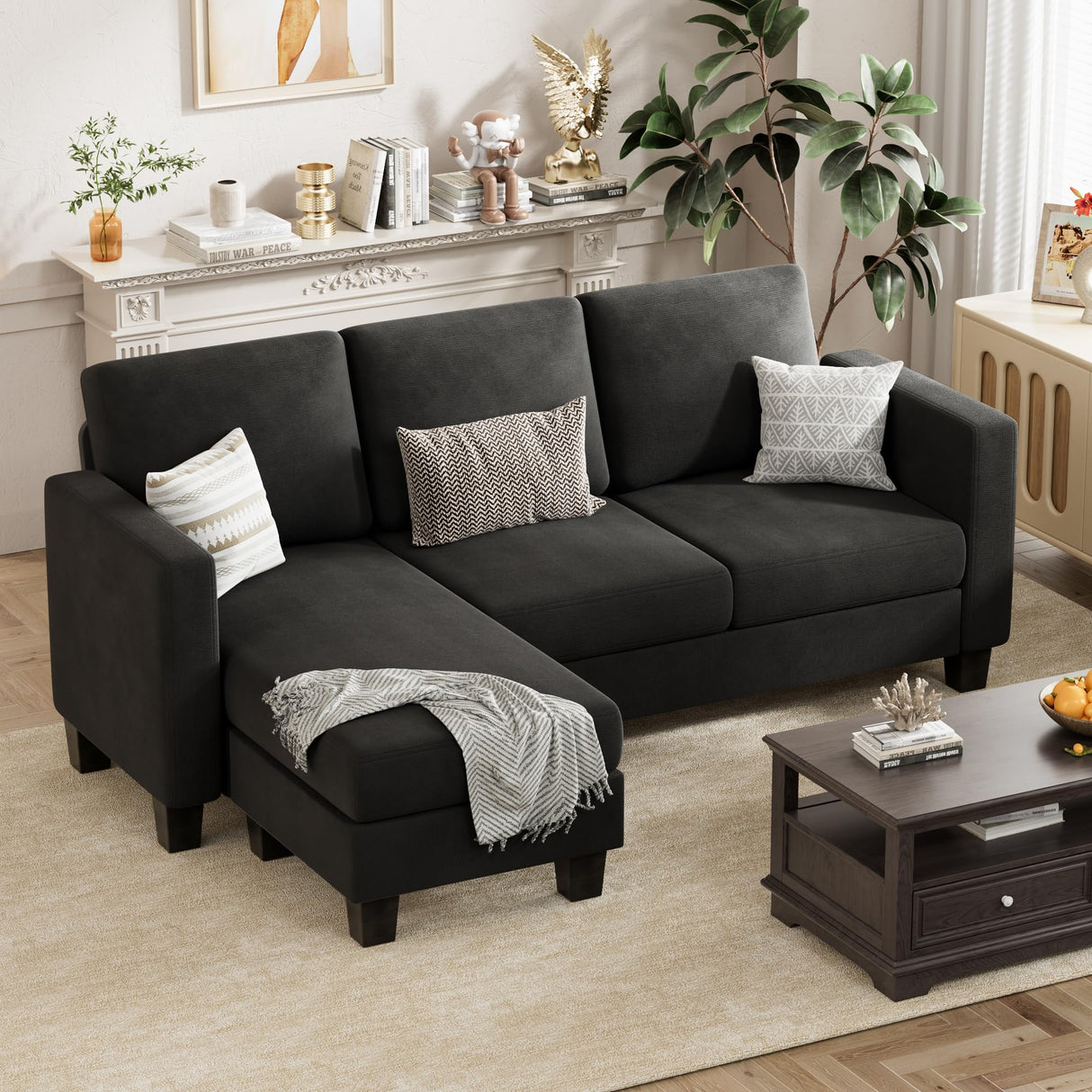 Sectional Sofa Couch 3 seat L-Shaped Sectional Sofa with Linen Fabric Ottoman Small