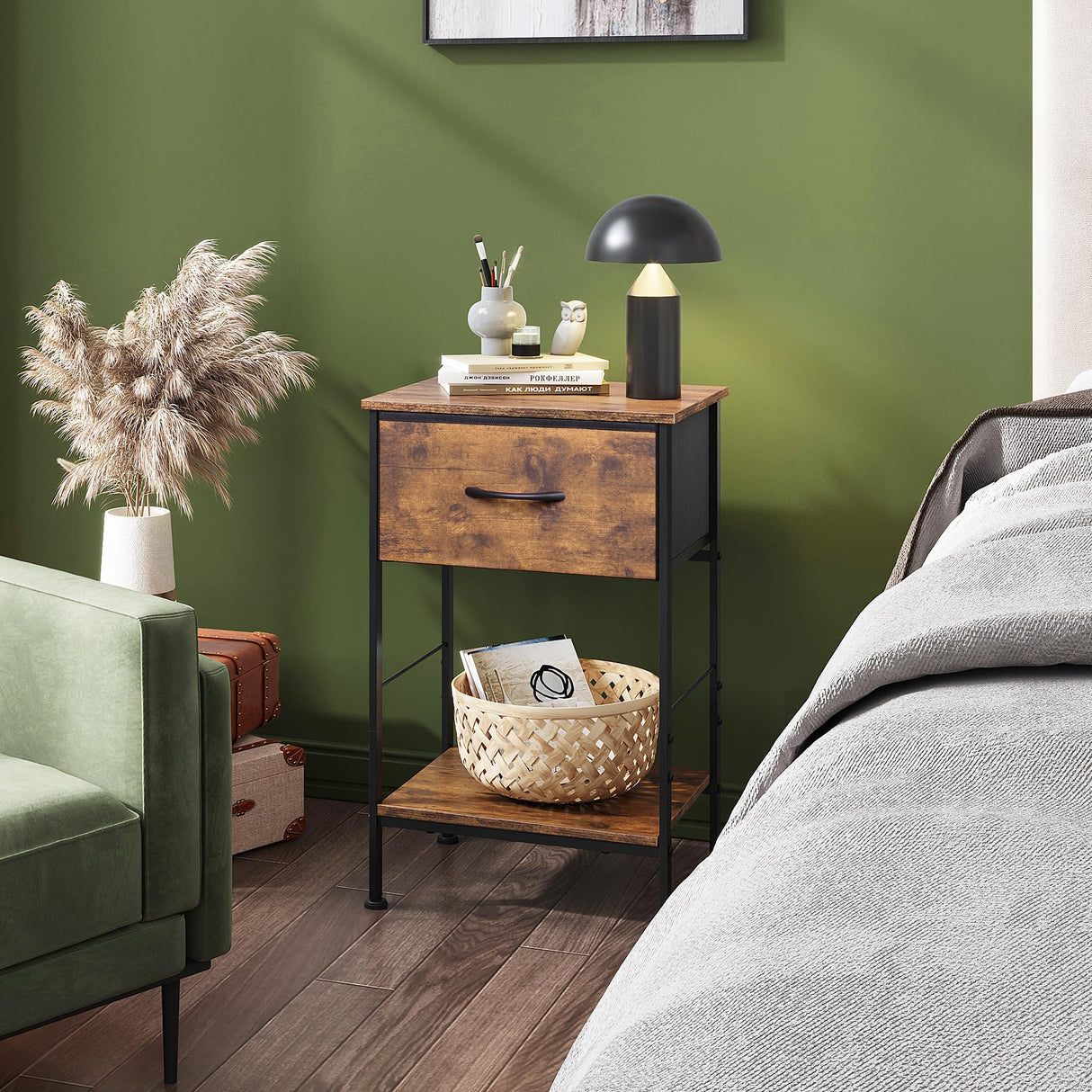 Nightstand Set of 2, End Table with Fabric Storage Drawer and Open Wood Shelf, Bedside