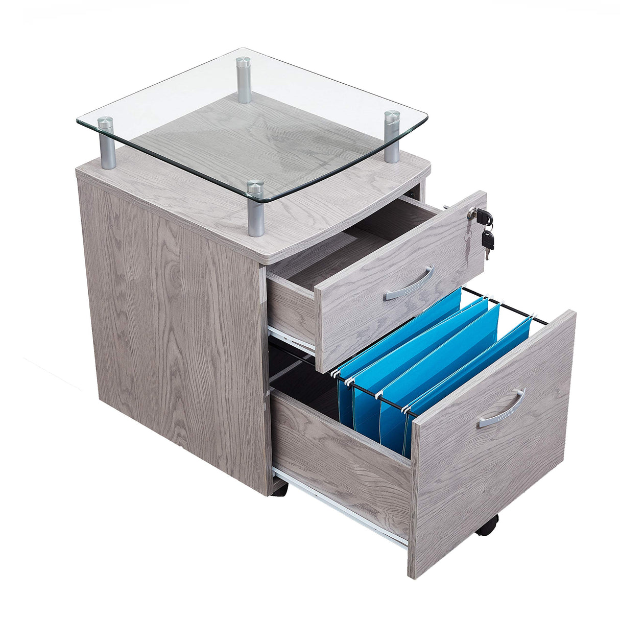 2-Drawer Rolling File Cabinet with Lock and Glass Top, Under Desk File Cabinet