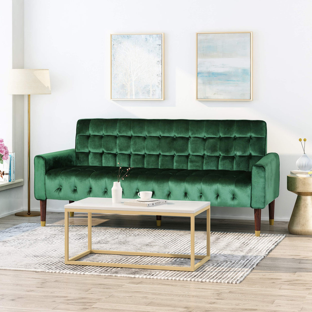 Adan Tufted Velvet Sofa Tipped Tapered Legs, Emerald and Gold Finish