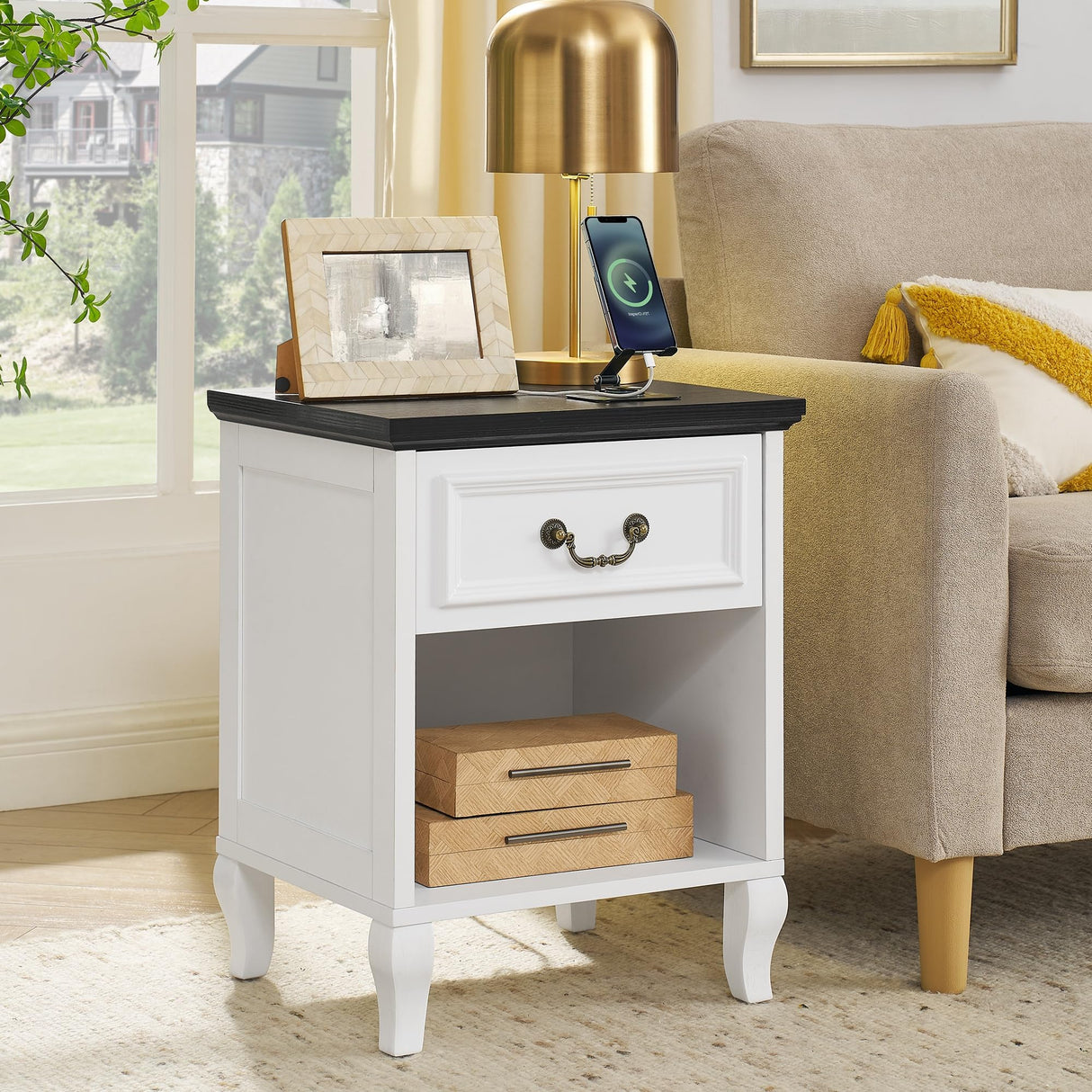 Farmhouse Nightstand with Charger Station, Night Stands with Drawer Storage White