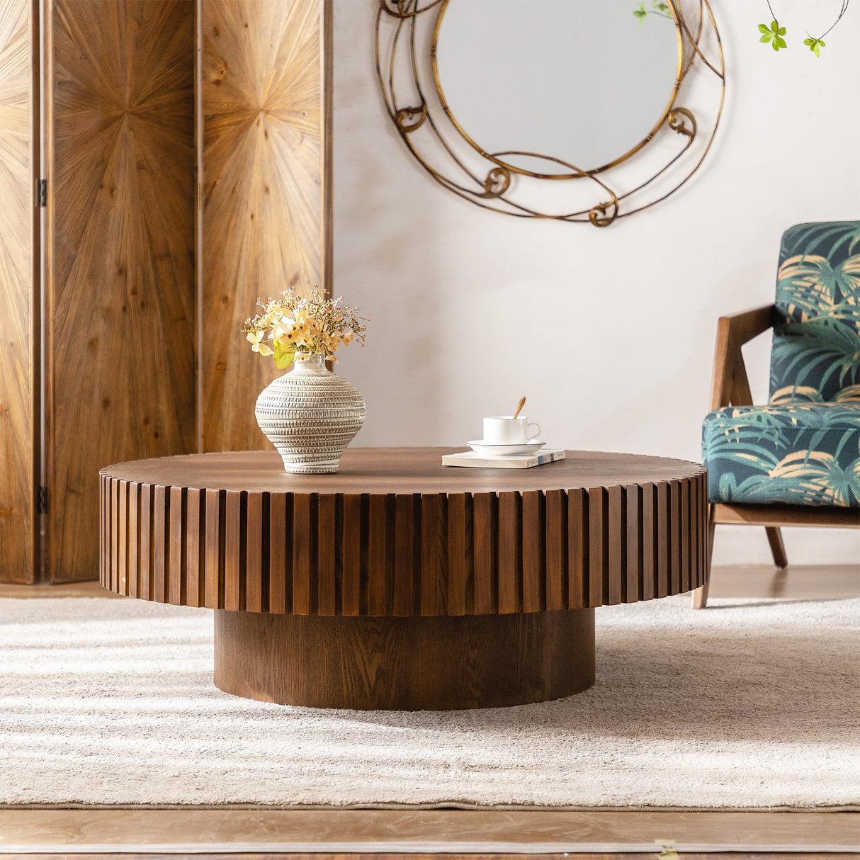 Round Wood Coffee Table, Handcraft Drum Tea Table Center Table for Living Room, Modern Circle Wooden Cocktail Table for Small Space, Easy Assembly