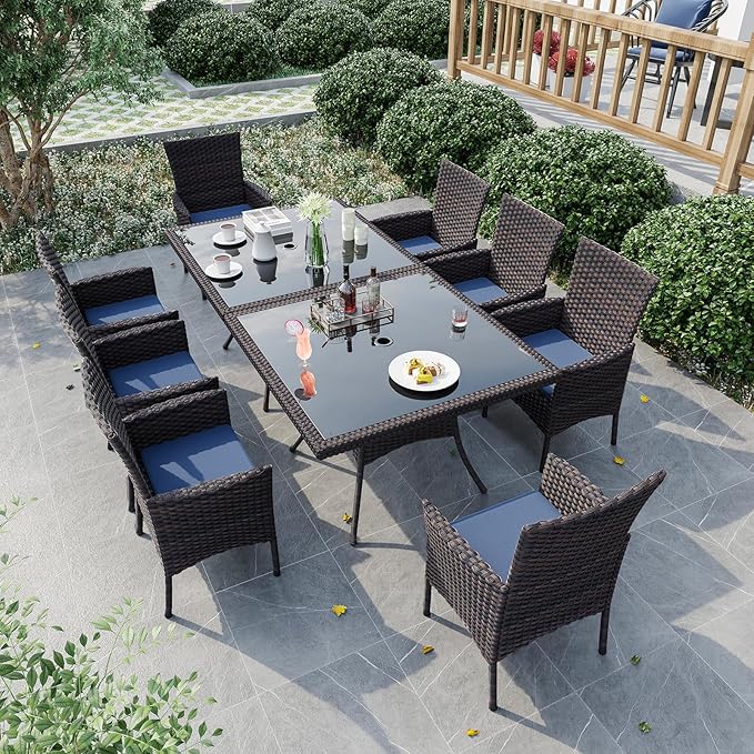 10-Piece Indoor/Outdoor Dining Table Set, Garden Patio Rattan Set with w/Tempered Glass Tabletop