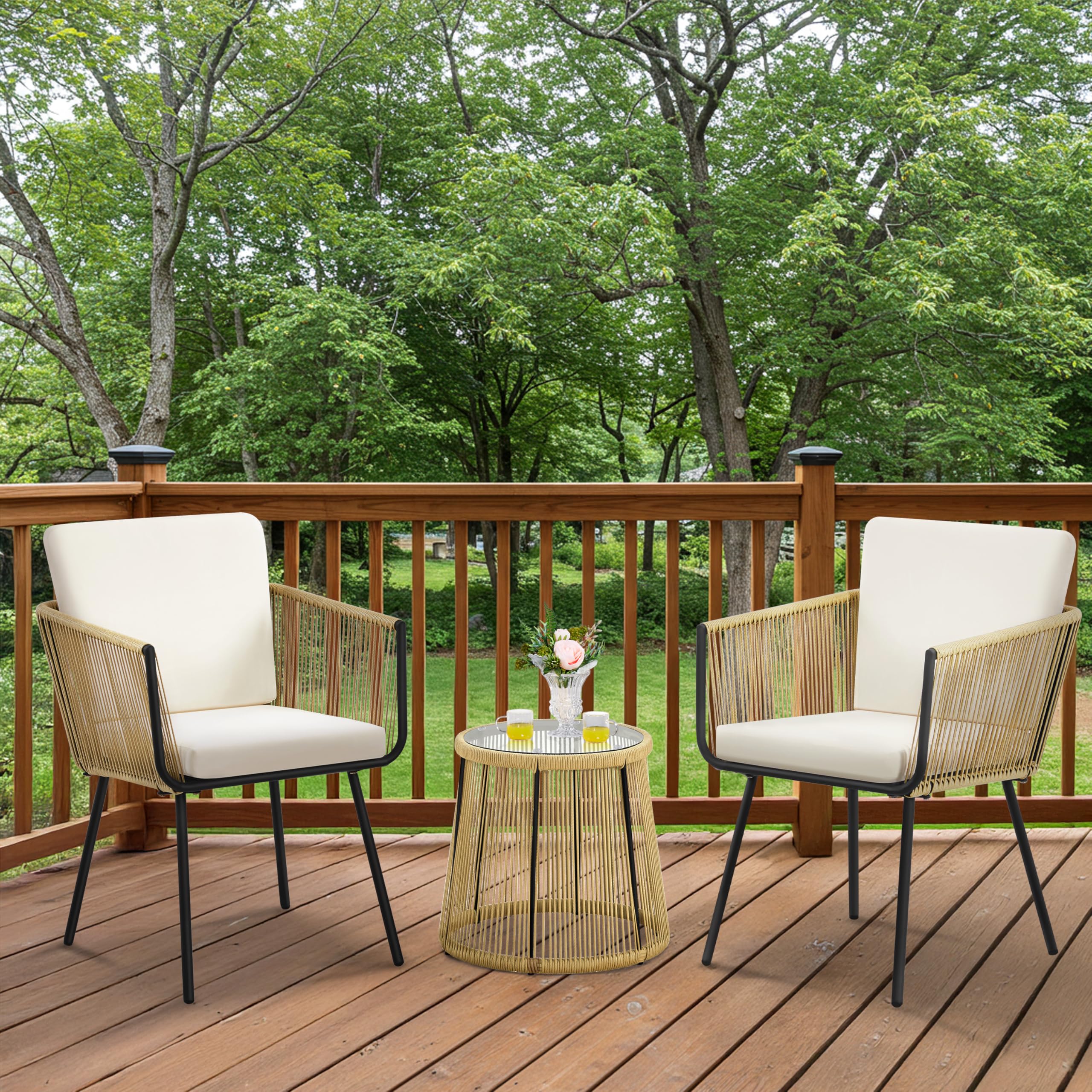 3 Piece Patio Rattan Bistro Set, Outdoor All Weather PE Wicker Conversation Furniture