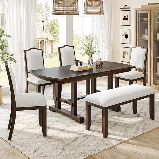 6-Piece Extendable Wood Dining Table Set with Upholstered Chairs