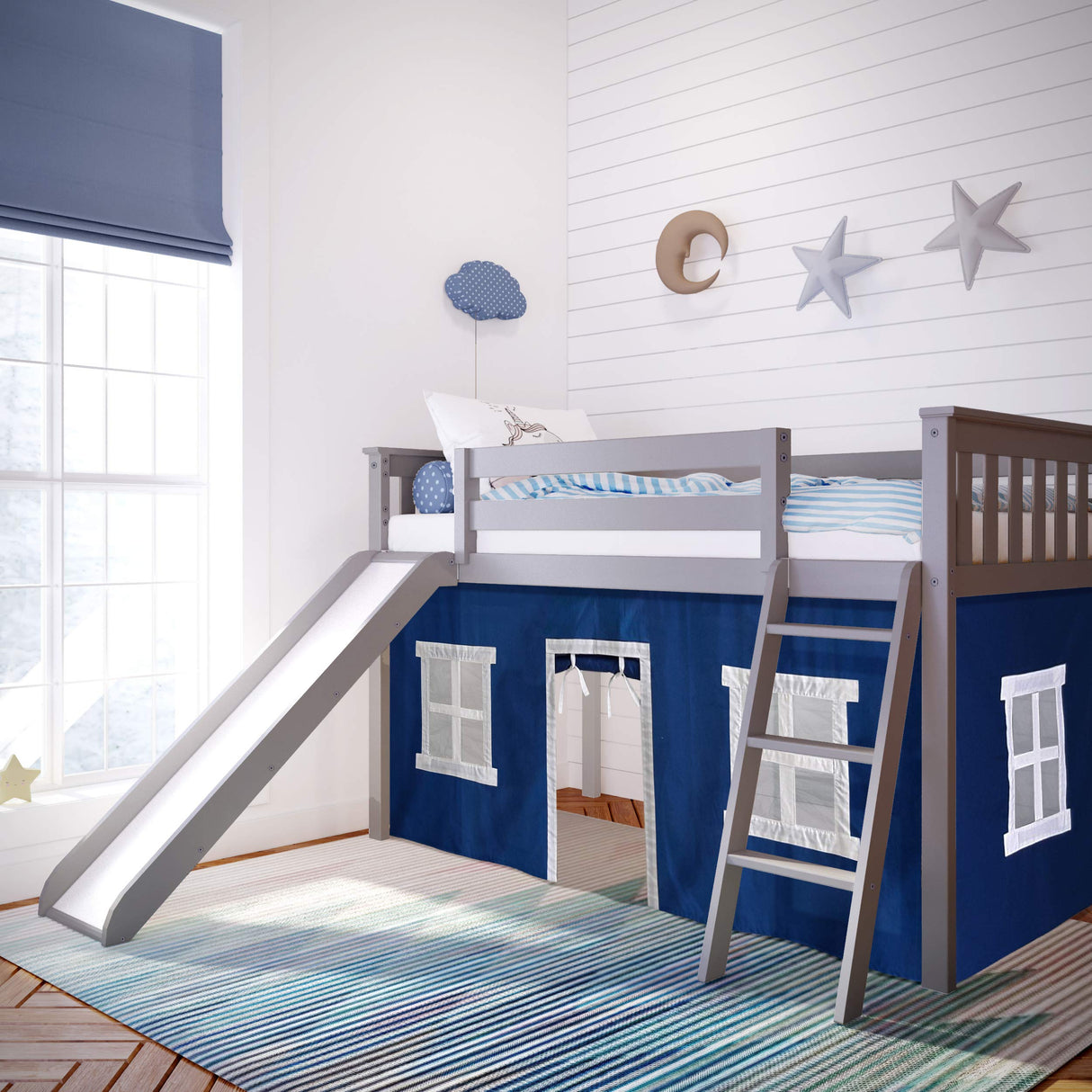 Low Loft Bed, Twin Bed Frame For Kids With Slide and Curtains For Bottom