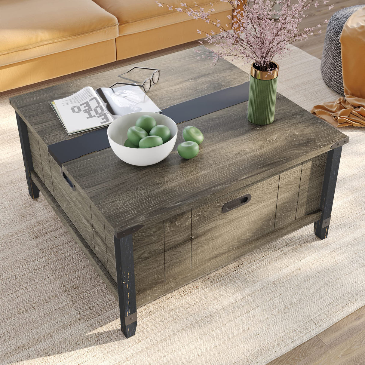 Square Coffee Table with Storage,Farmhouse Lift Top Coffee Wood Center Table Decor for Living Room Extra Large Hidden Storage,