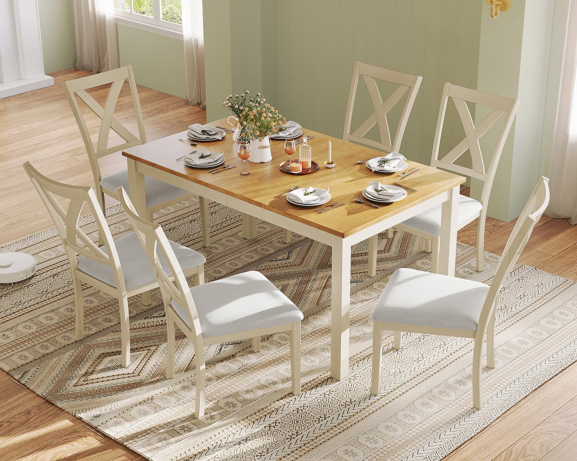 7-Piece Solid Wood Dining Table Set, 60" Farmhouse Dining Table with 6 Chairs, Rectangular Table Set for 6