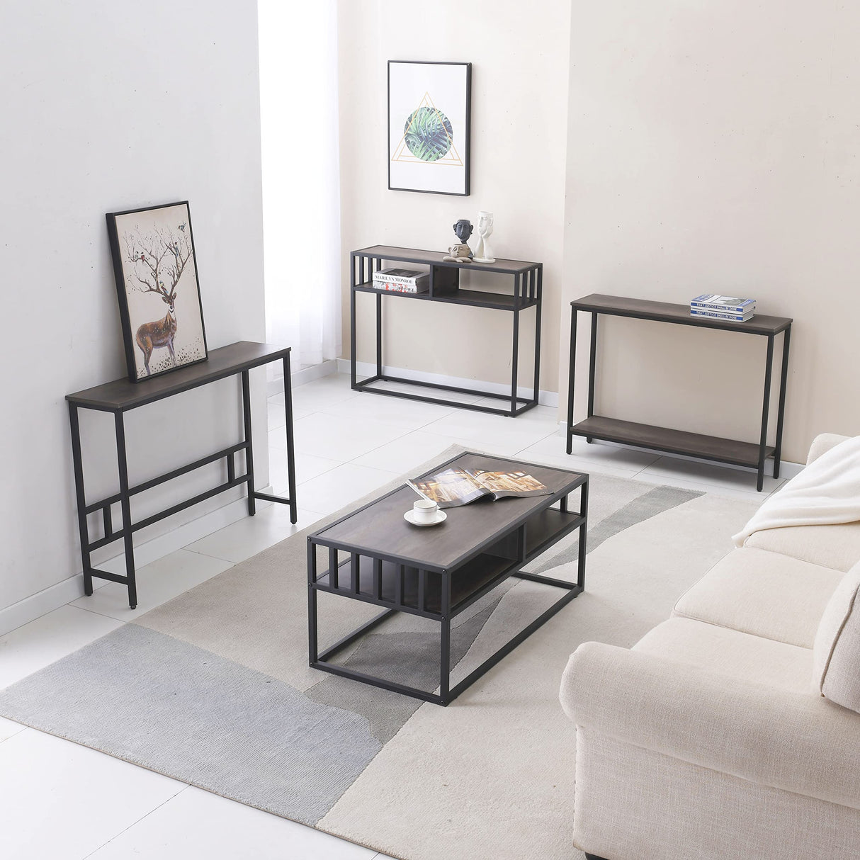 Modern Industrial Sofa Console Table for Living Room, Office (Dark Grey, Double Layer)