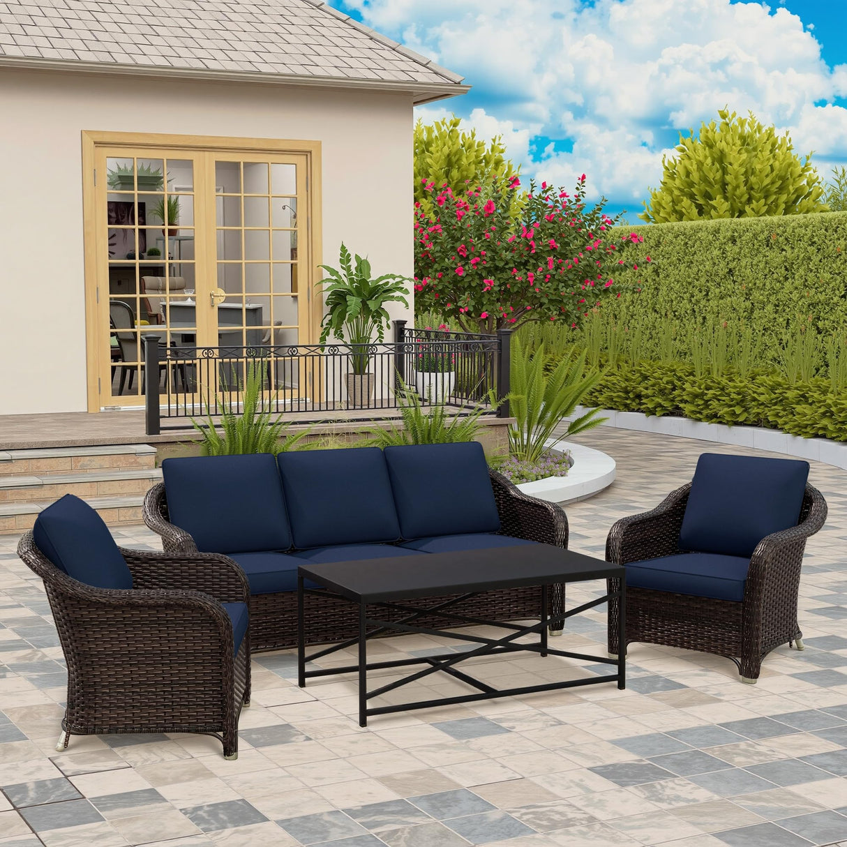 4 Pieces Outdoor Patio Conversation Furniture Set - Rattan Wicker Loveseat Sofa | 78" 3-Seat Couch | 2 Chairs | Metal Coffee Table, Washable Cushions, Garden, Deck, Terrace (Navy)