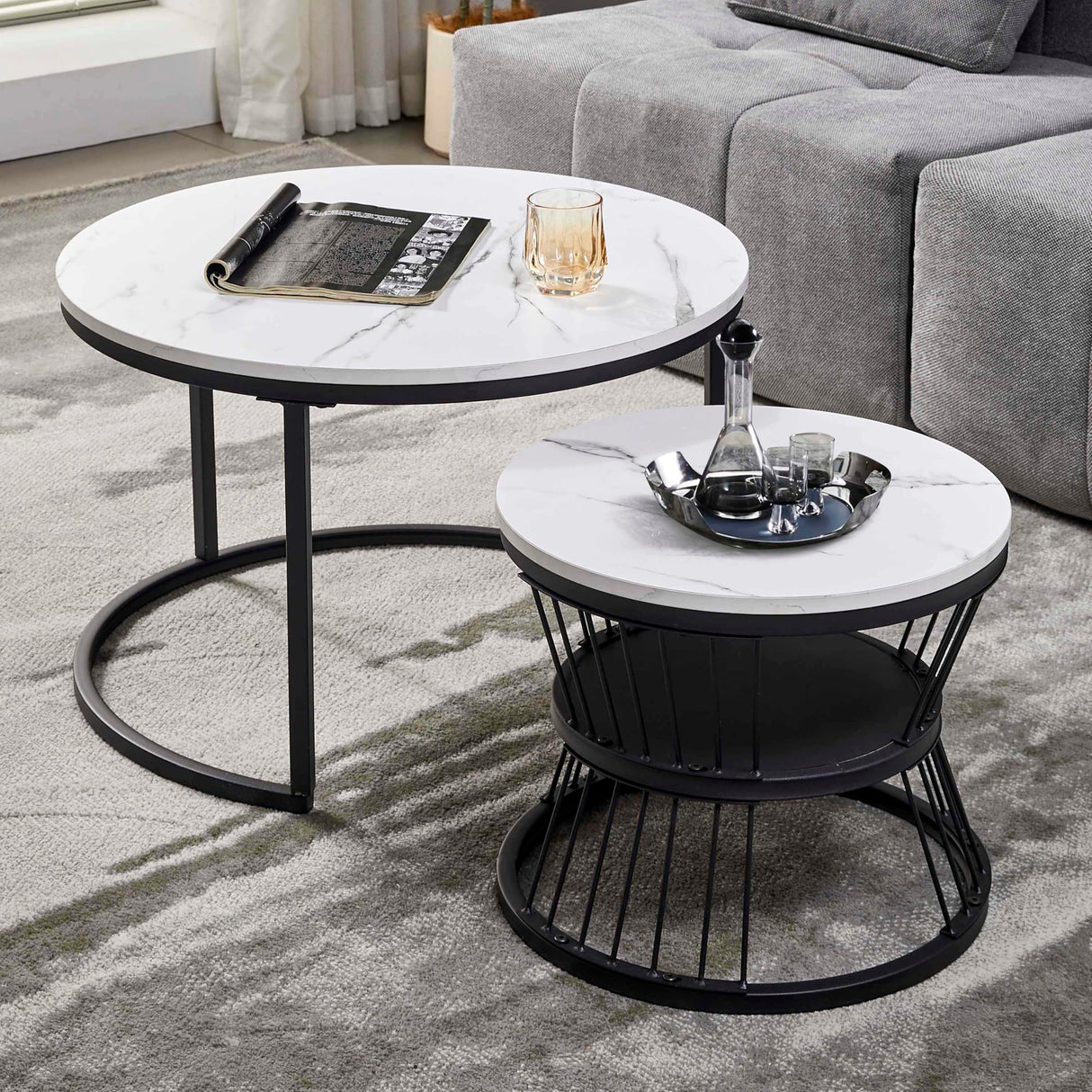 Nesting Coffee Table Black Set of 2, 27.5" Round Coffee Tables Living Room