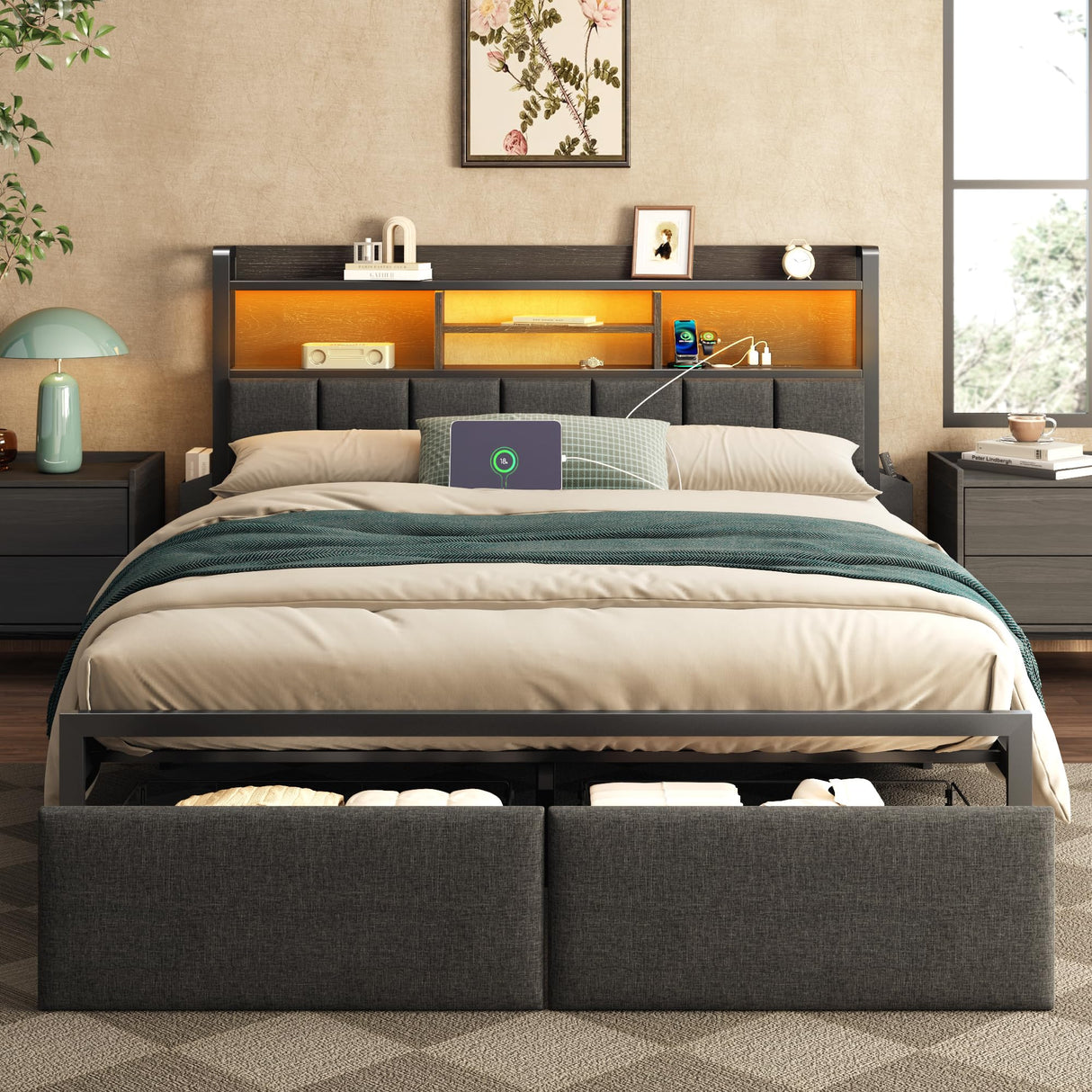 Queen Bed Frame with Storage Drawers and LED Headboard