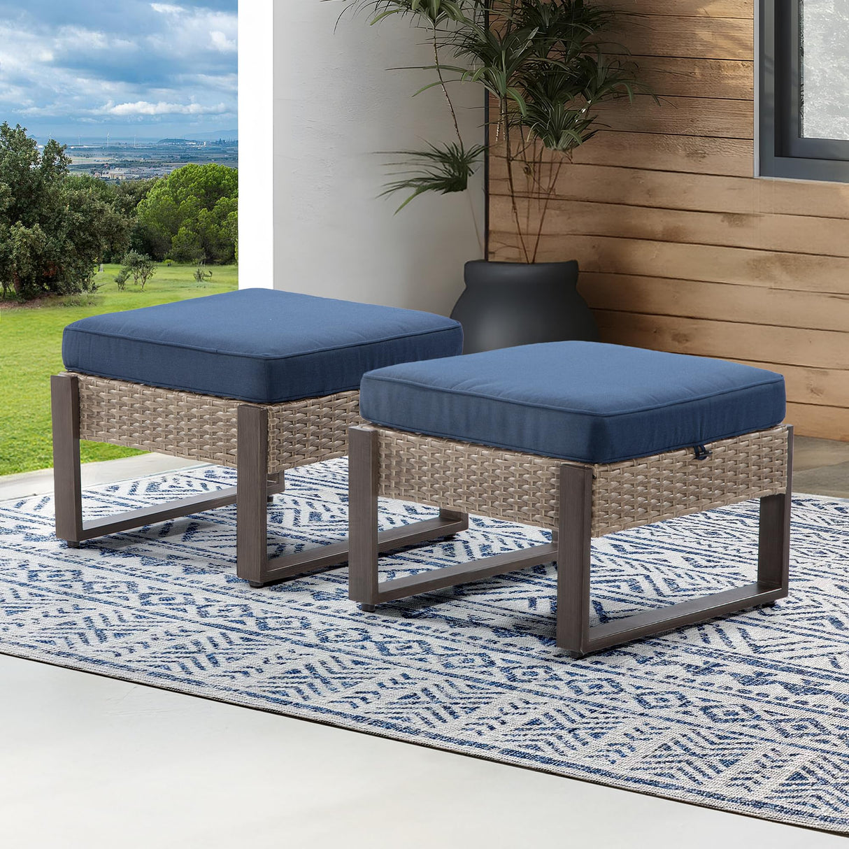 Outdoor Patio, All-Weather PE Rattan Ottomans Footstools with Removable Cushions