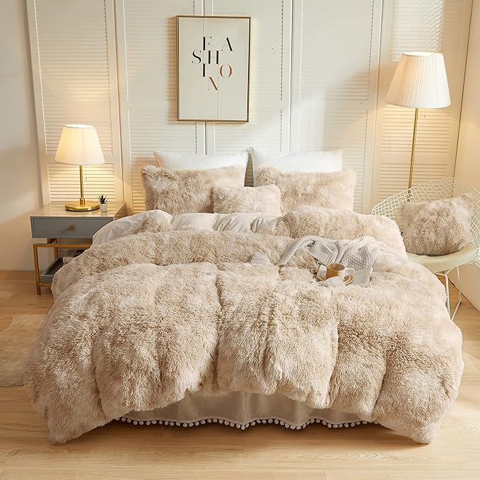 Luxury Fluffy Faux Fur Duvet Cover Set, Tie Dye Plush Fuzzy Duvet Cover Set(1 Print Shaggy Comforter Cover+2 Furry Pillow Shams)