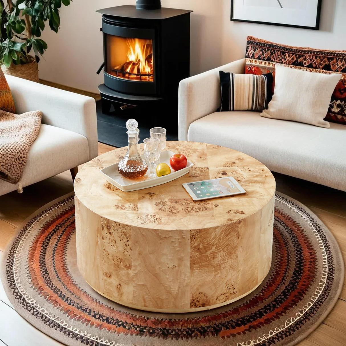 35" Round Wood Coffee Table for Living Room, Farmhouse Circle Bucket Shaped