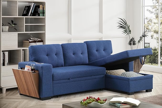 Shaped Sectional Couch with Storage Ottoman and 2 Cup Holders