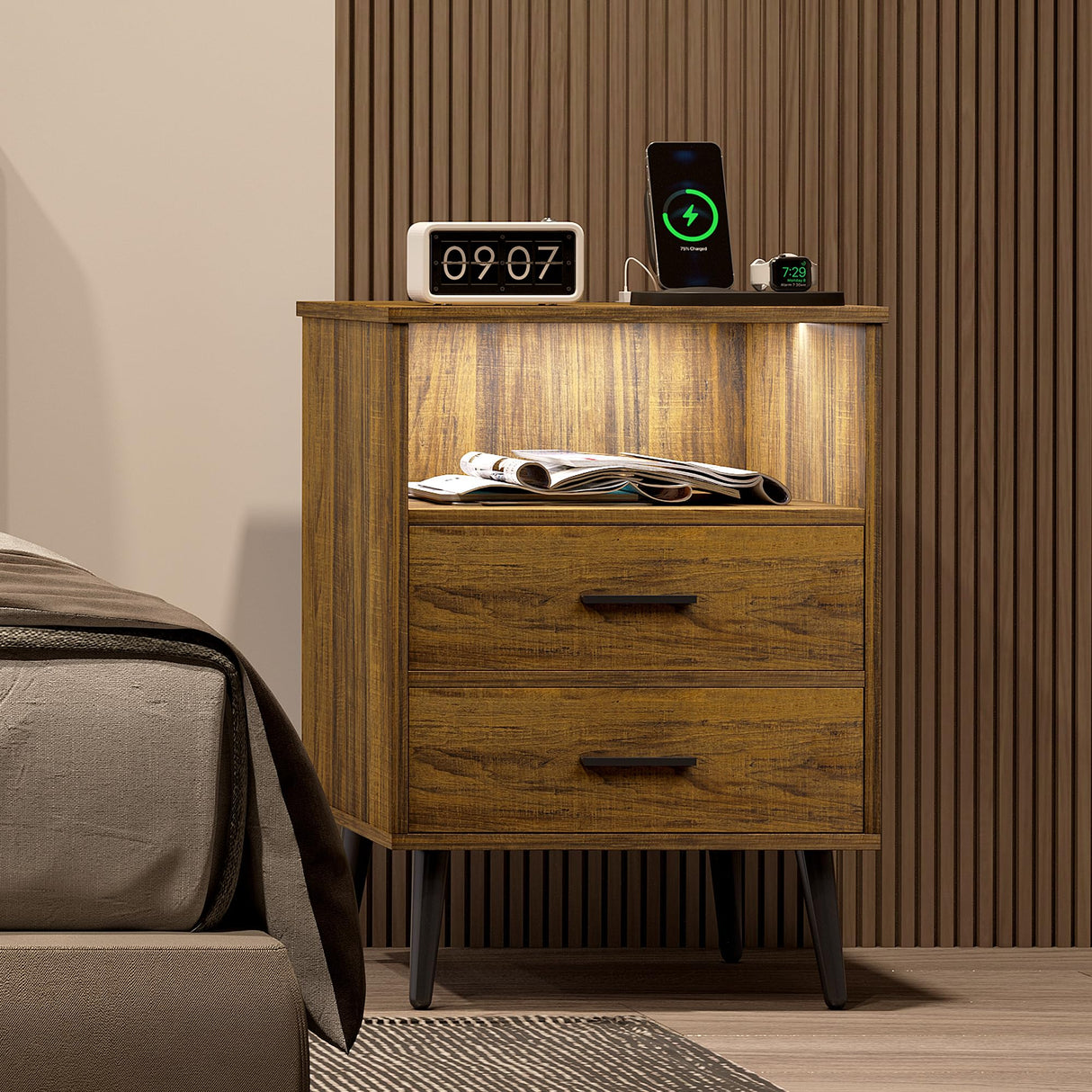 Mid Century LED Nightstand, 3 Colors Dimmable Light, Bedroom Wood Night Stand with Charging Station