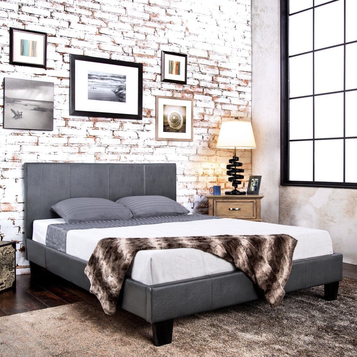 Furniture of America Ramone Faux Leather King Platform Bed in Gray