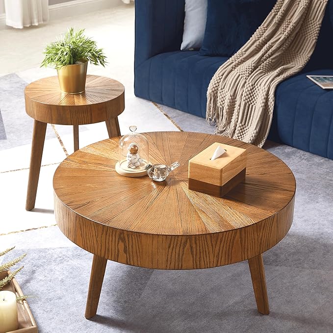 Round Wood Coffee Tables for Living Room, Farmhouse Circle Coffee Table