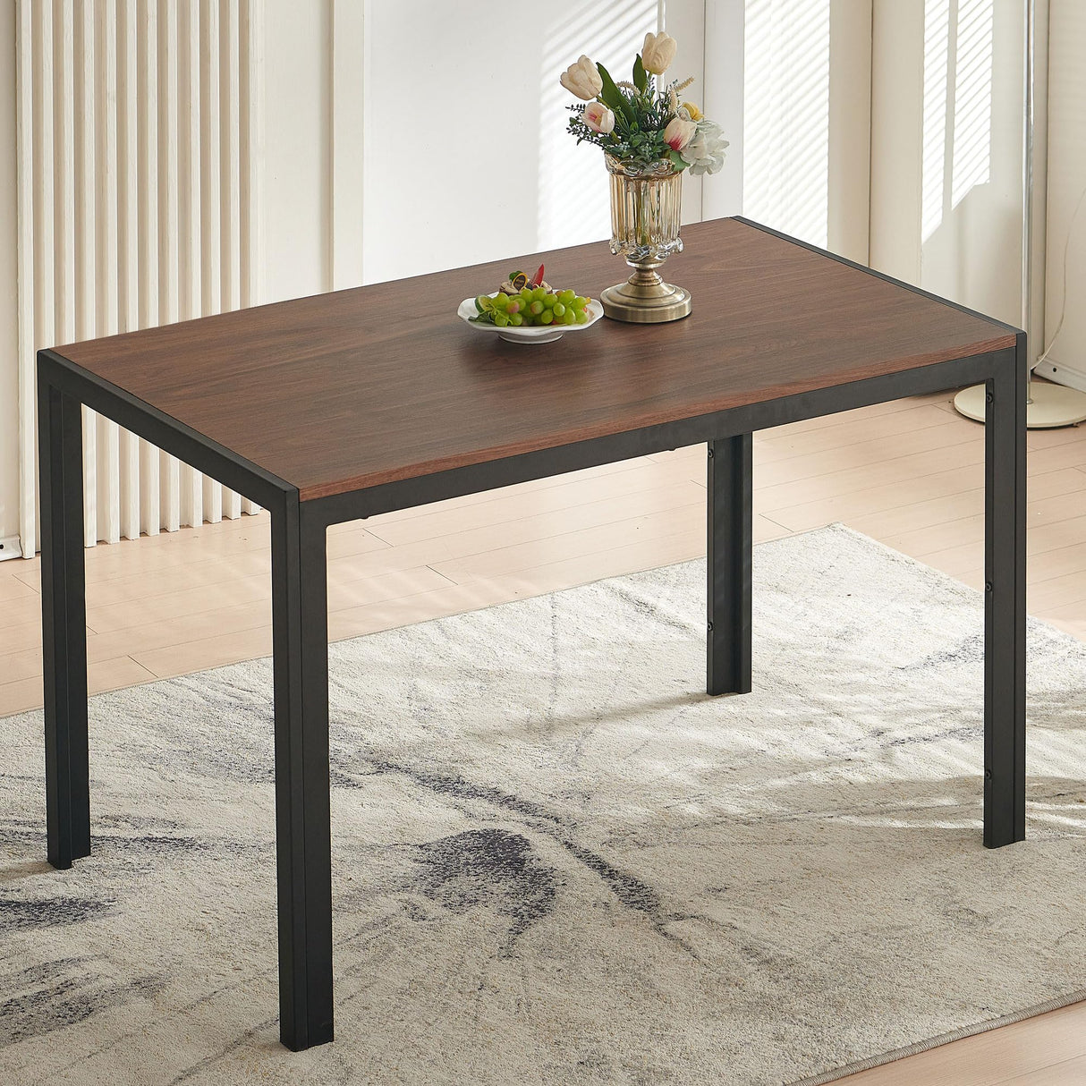 47" Dining Table, 4-Person Indoor Walnut Wood Grain Effect Table with Metal Legs