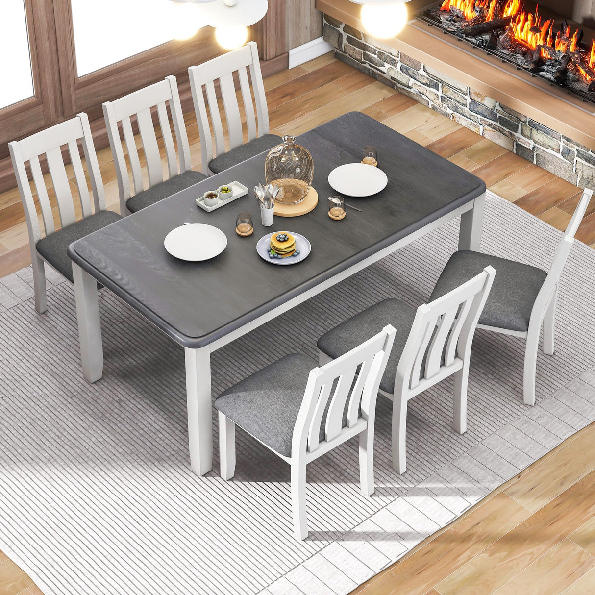 Piece Dining Table Set, Farmhouse Kitchen Table Set with 6 Upholstered Chairs, Extendable Kitchen