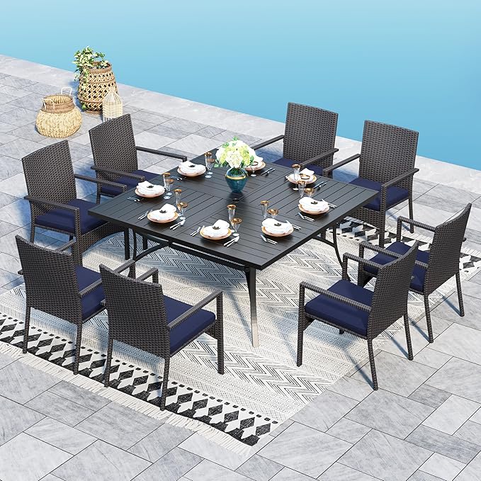 9 Pieces Patio Dining Set for 8, All Weather Square Metal Patio Table and Wicker Chairs