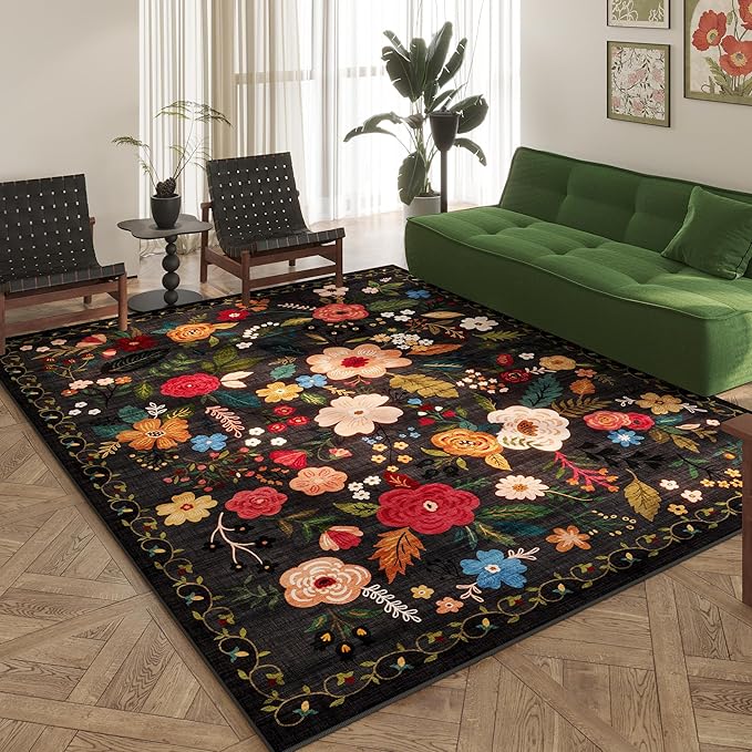 Christmas Rug 8x10 Area Rugs for Living Room Washable Rug Floral Non-Slip Large Rug