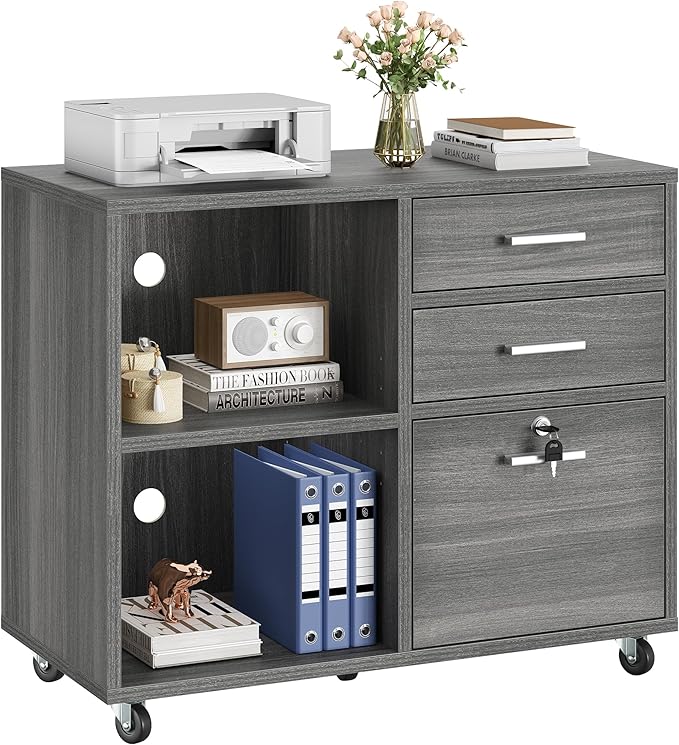 Wood File Cabinet, 3 Drawer Mobile Lateral Filing Cabinet, Storage Cabinet Printer Stand
