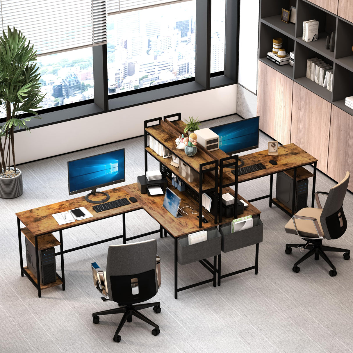 L Shaped Office Desk, Reversible Corner Computer Desk with Power Outlet and LED Light