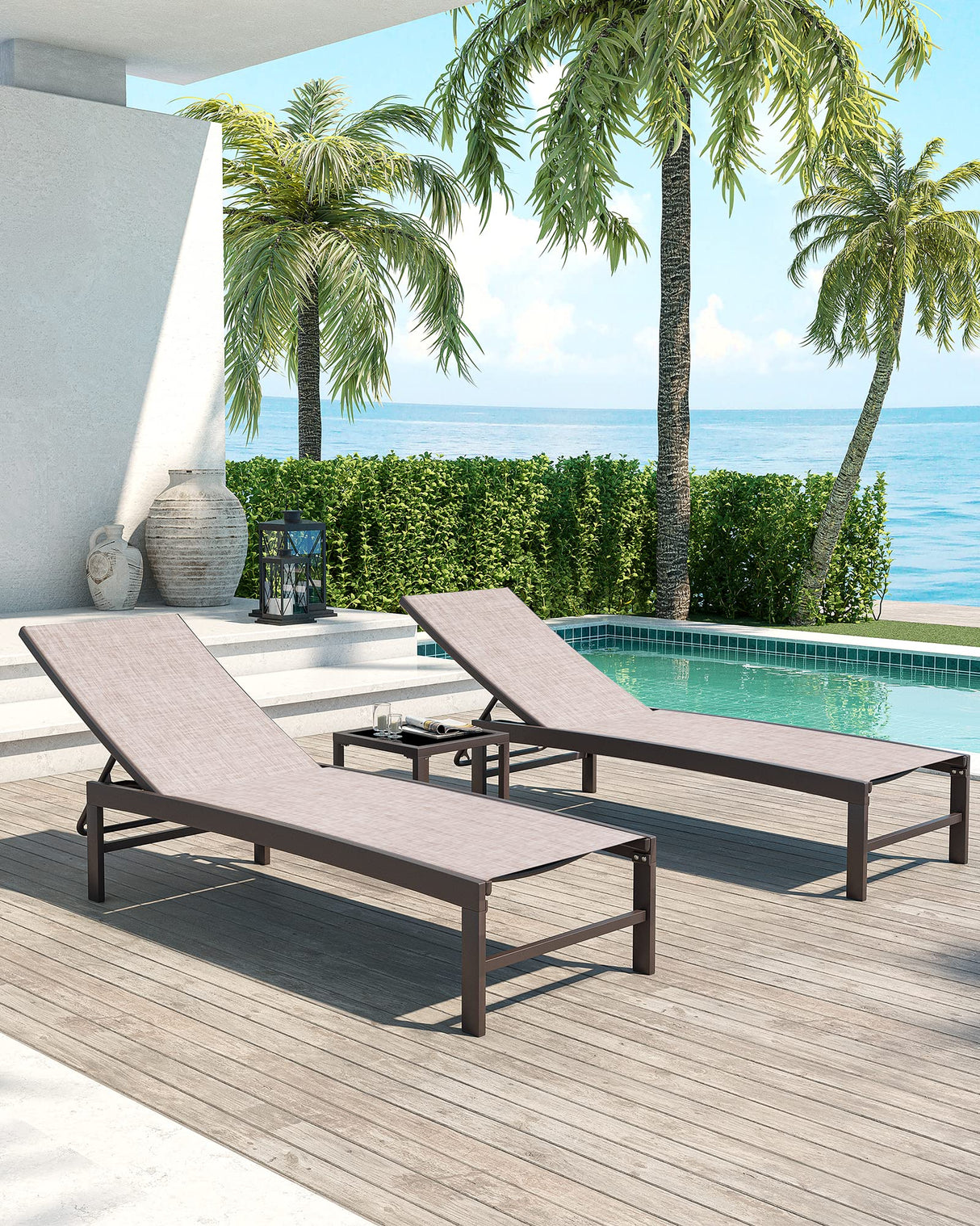 2PCS Patio Chaise Lounges and 1PC Table Set Aluminum Adjustable Lounge Chairs