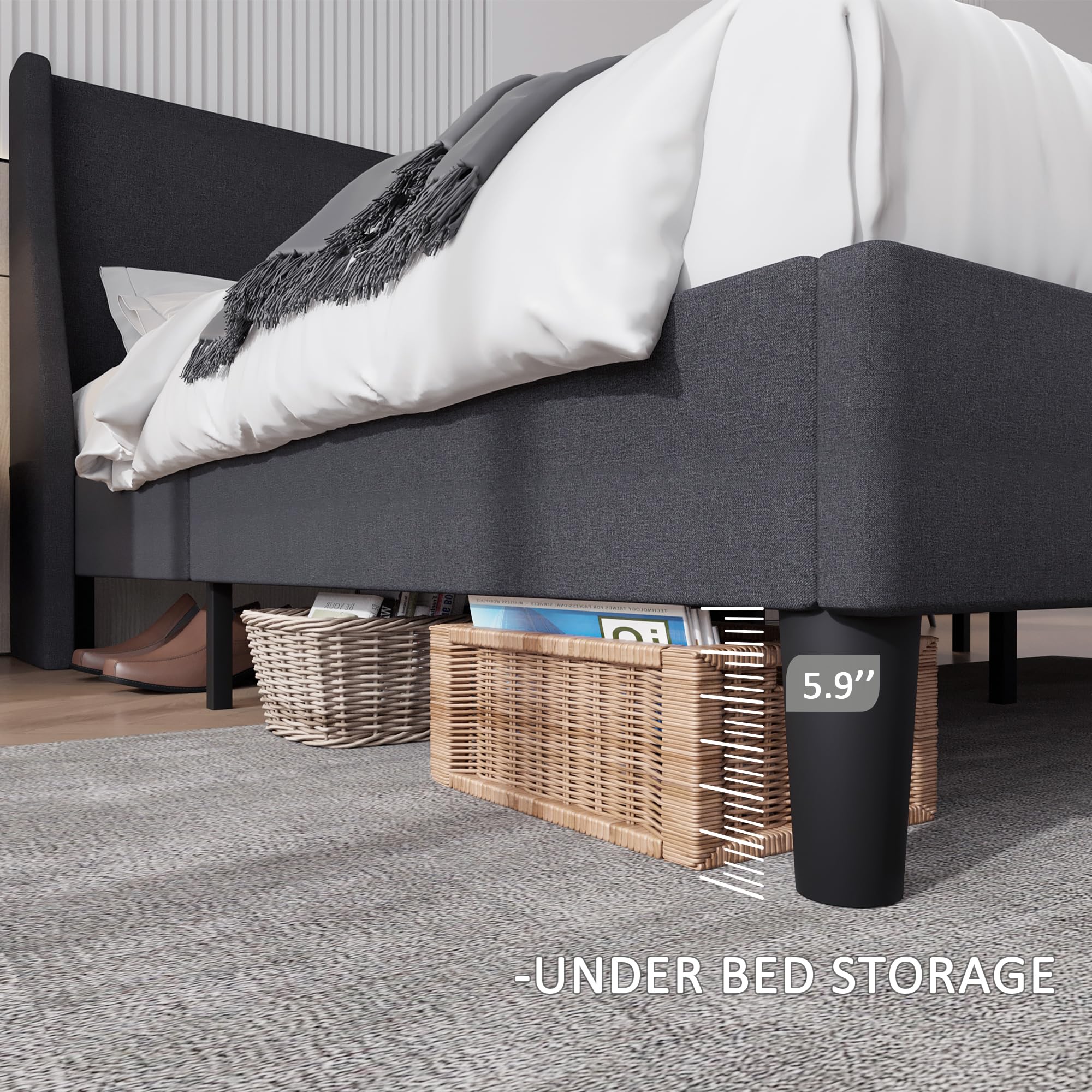 Queen Bed Frame with Type-C & USB Port, Wingback Headboard, Upholstered Platform