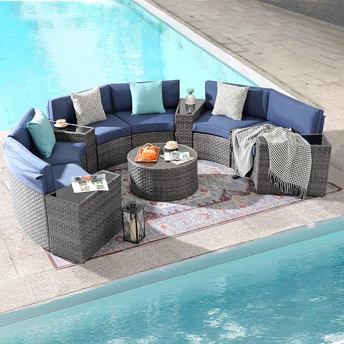 Outdoor Patio Furniture 11-Piece Half-Moon Sectional Round Patio Furniture Set