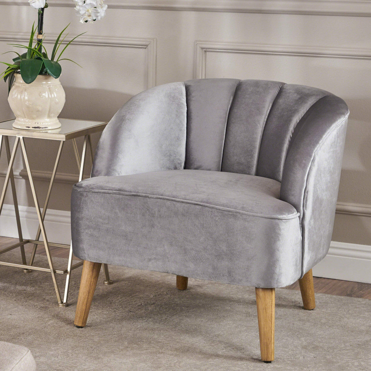 Knight Home Amaia Modern Velvet Club Chair, Pewter / Walnut