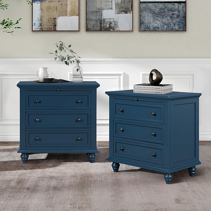 Nightstand with Storage, Wood Bedside End Table with 3 Drawers & Pull Out Tray