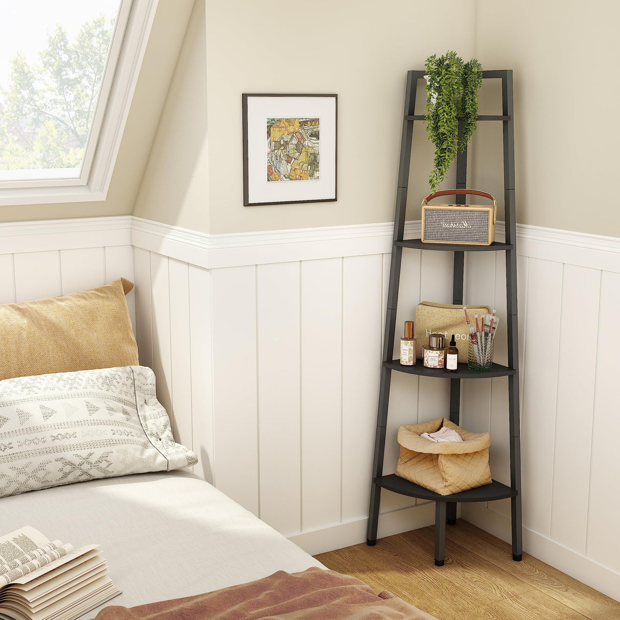 Corner Shelf, 4-Tier Corner Bookshelf, Rustic Corner Ladder Shelf