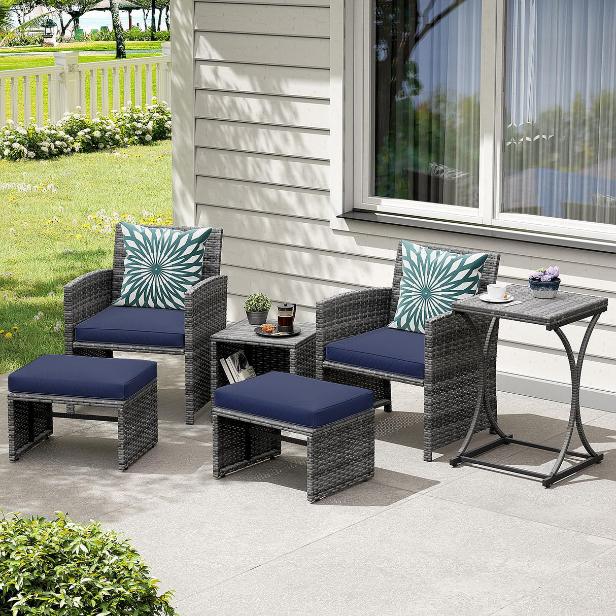6 Piece Patio Furniture Conversation Set with Ottoman, Outdoor Grey Wicker Chair