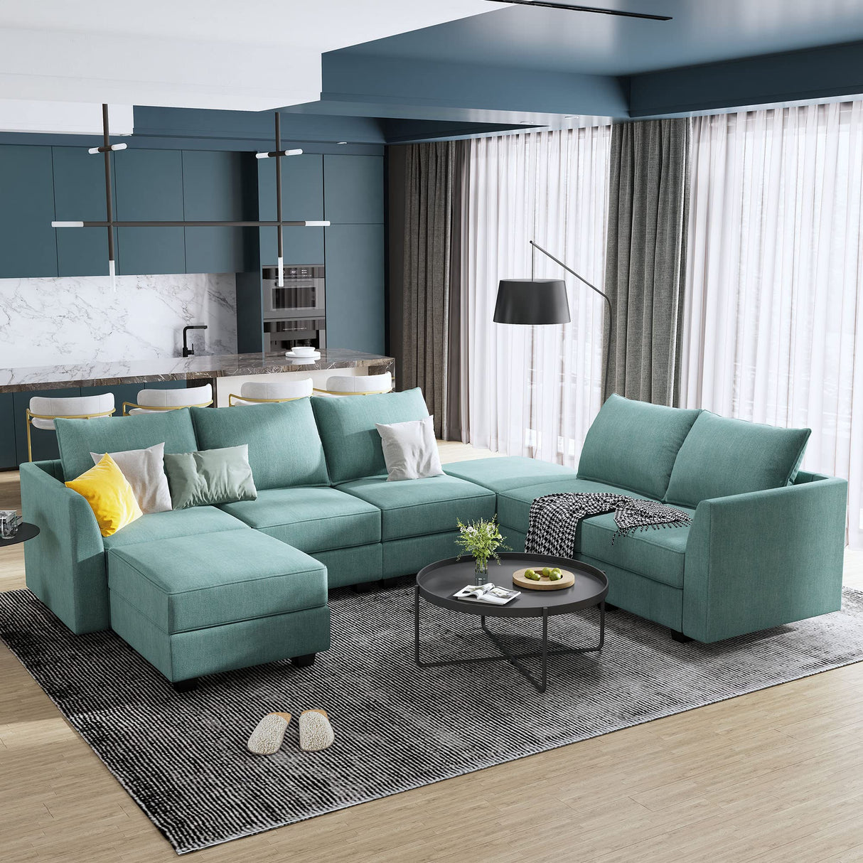 U Shape Corner Sectional Sofa Set, Aqua Blue