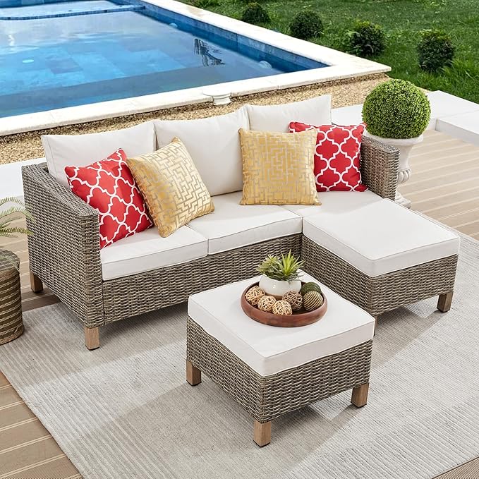 Outdoor 3 Pieces Wicker Conversation Set, PE Rattan Sectional 3 Seats Sofa