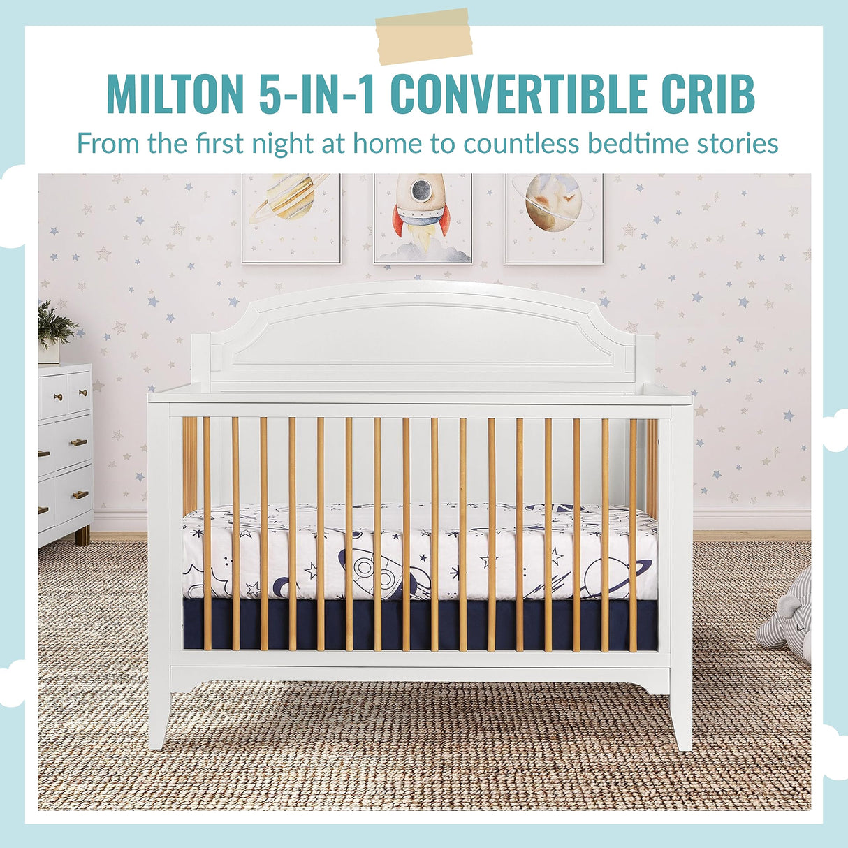 JPMA & Greenguard Gold Certified Milton 5-in-1 Convertible Crib Made with Sustainable New Zealand Pinewood in White and Natural, Non-Toxic Finish