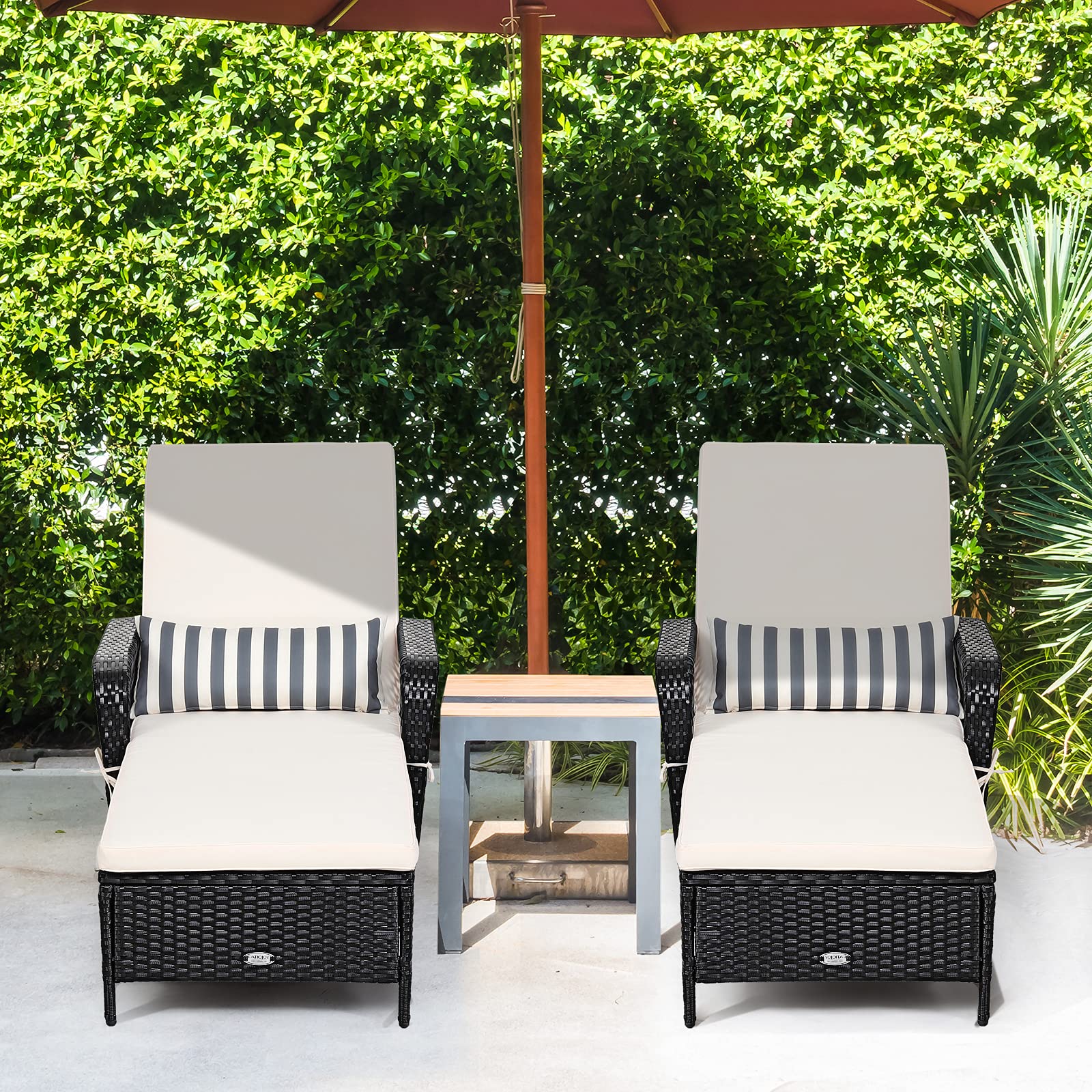 Tangkula Patio Wicker Chaise Lounge Chair, Outdoor Rattan Reclining Chaise w/ 6-Gear Adjustable Backrest, Thick Padded Cushion & Removable Lumbar Pillow, Ideal for Lawn, Beach, Balcony (Black)