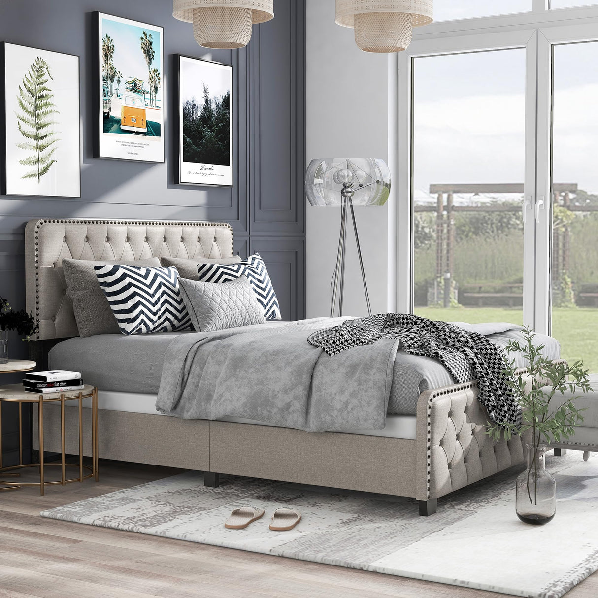 Keanu Transitional Button Tufted Fabric Upholstered Bed